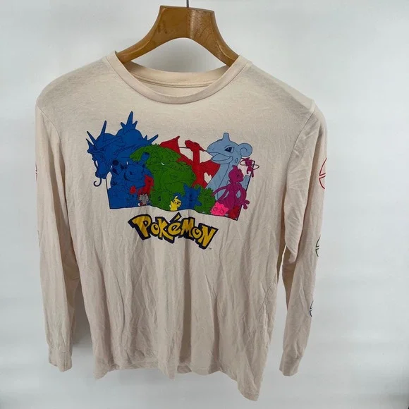 Pokemon Long Sleeve T Shirt Graphic Print Cream Pokemon Characters Mens M Est - Picture 2 of 7